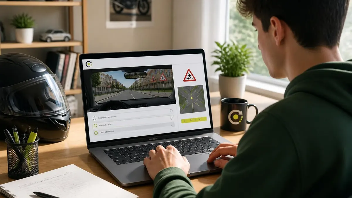 Un jeune homme révise en ligne sur son ordinateur portable avec ici code pour préparer son examen du permis de conduire
