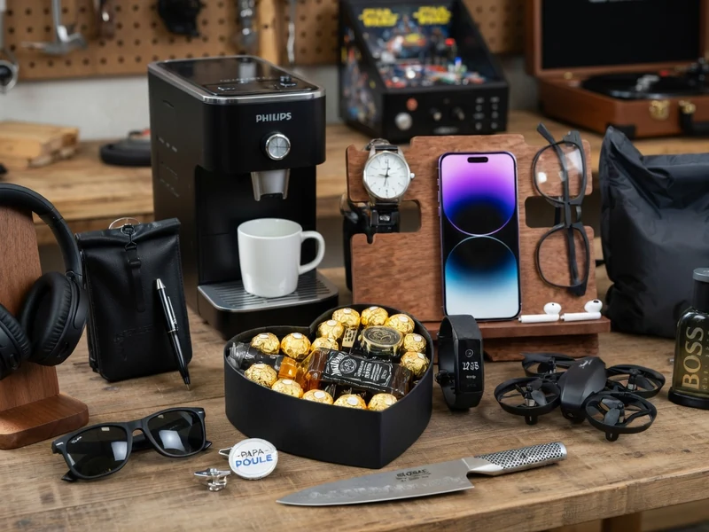 Nombreux accessoires et gadgets pour idee cadeau pas cher pour homme sur une table en bois