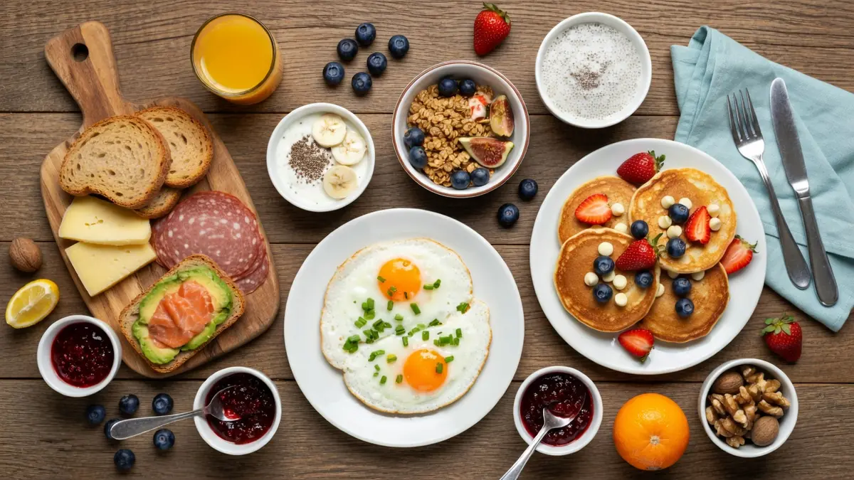Table en bois couverte de mets variés pour une idée petit dej