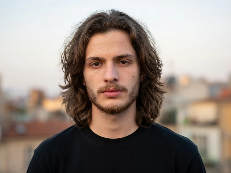 Portrait de face du jeune comédien Idir Azougli avec les cheveux longs devant un paysage urbain flou