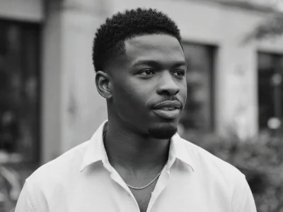 Idrissa Diabaté apparaît en chemise blanche sur ce portrait noir et blanc