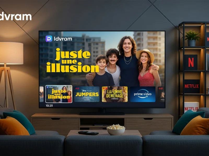 Une télévision moderne affiche une interface de streaming simplifiée grâce à la solution Idvram dans un salon confortable