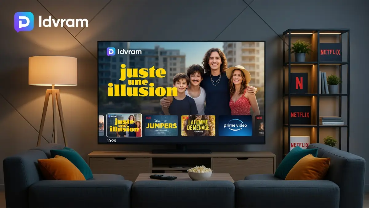 Une télévision moderne affiche une interface de streaming simplifiée grâce à la solution Idvram dans un salon confortable