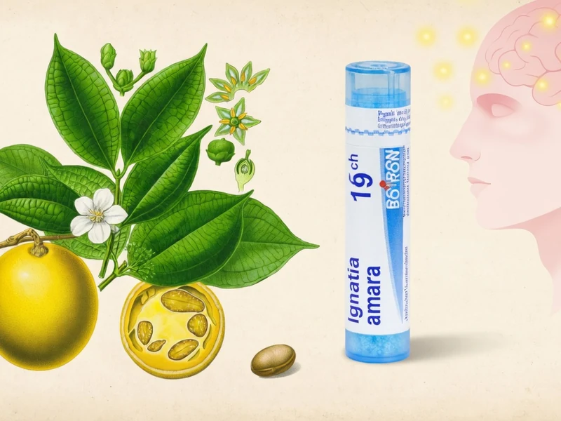 Illustration montrant la plante, les fruits et le tube de granules homéopathiques Ignatia amara près d'un profil humain