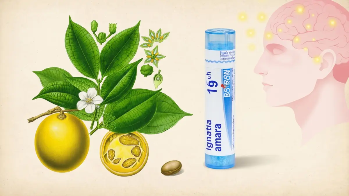 Illustration montrant la plante, les fruits et le tube de granules homéopathiques Ignatia amara près d'un profil humain