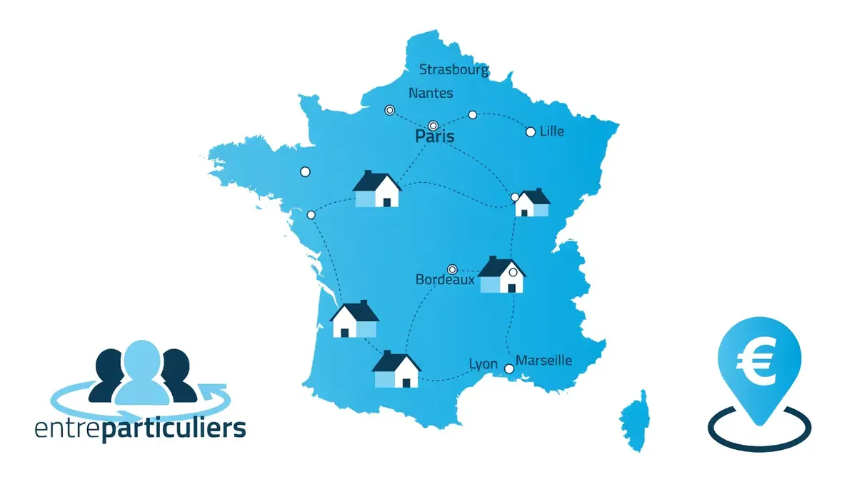 Carte de France illustrant les transactions immobilières Entreparticuliers entre les villes