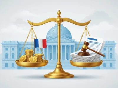 Balance dorée symbolisant l'impôt pour les retraités entre pièces et documents avec marteau devant un édifice public