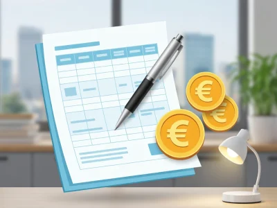 Sur un bureau un document avec stylo et pièces en euros illustre le calcul des frais réels