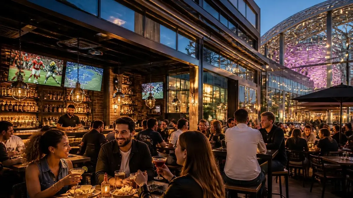 Ambiance conviviale en soirée à la terrasse animée de l'indiana café Carré de Soie près de Lyon