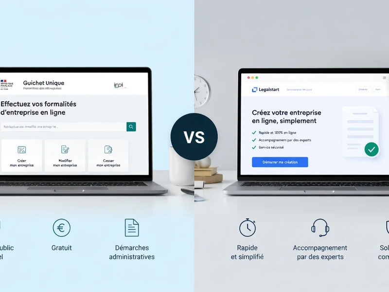 Comparaison visuelle entre les interfaces de création d'entreprise INPI guichet unique ou Legalstart