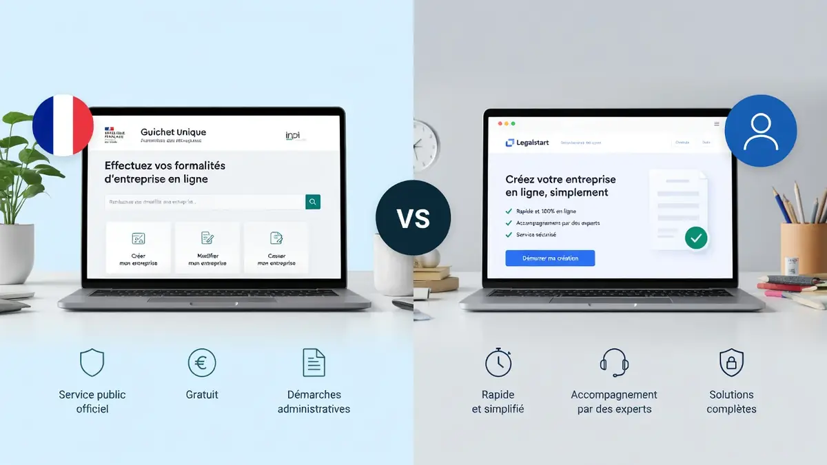 Comparaison visuelle entre les interfaces de création d'entreprise INPI guichet unique ou Legalstart