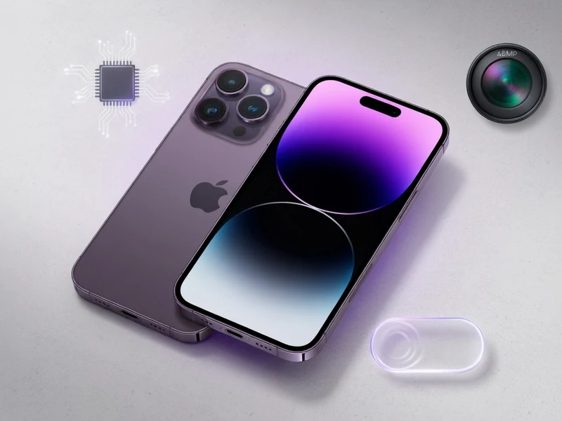 L'iPhone 14 Pro est visible sous deux angles avec une puce un objectif et un capteur flottants