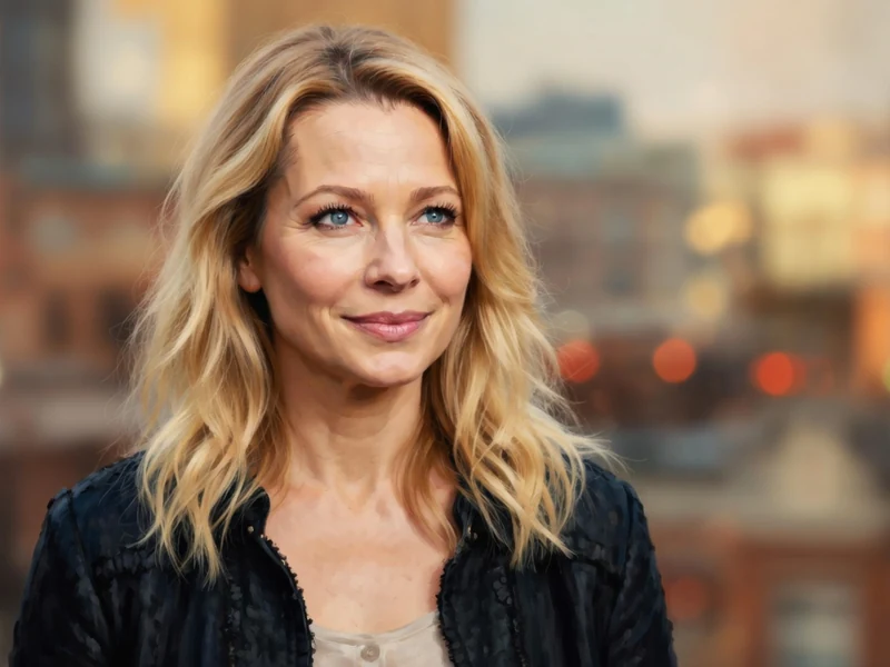 Irina Ninova sourit légèrement sur fond de ville floue aux lumières chaudes