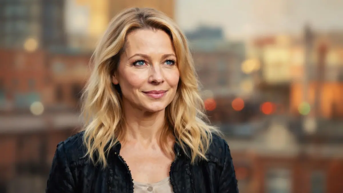 Irina Ninova sourit légèrement sur fond de ville floue aux lumières chaudes