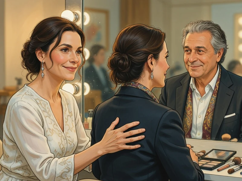 Isabelle de Araujo prépare un acteur devant un miroir de loge illuminé