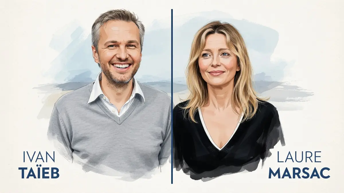 Ivan Taïeb sourit aux côtés d'une femme dans ce double portrait illustré