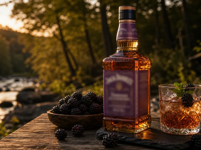 Une bouteille de Jack Daniel blackberry pres de mures fraiches et d'un verre sur une table en bois.