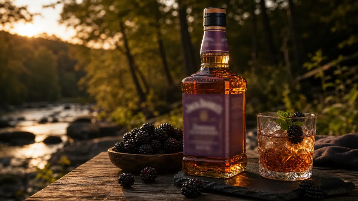 Une bouteille de Jack Daniel blackberry pres de mures fraiches et d'un verre sur une table en bois.