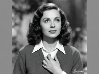 Portrait en noir et blanc de Jacqueline Porel la main sur la poitrine