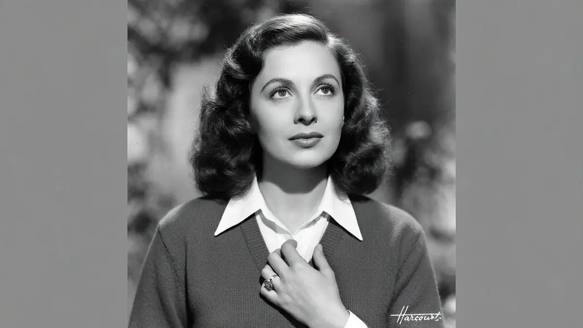 Portrait en noir et blanc de Jacqueline Porel la main sur la poitrine