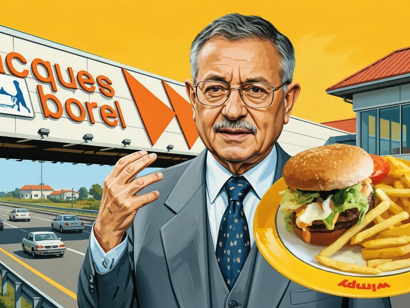 Jacques Borel apparaît avec un hamburger et des frites devant une autoroute animée et un restaurant moderne