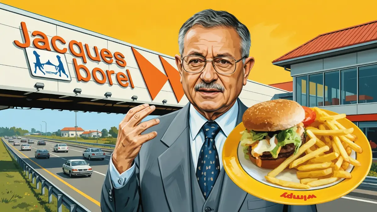 Jacques Borel apparaît avec un hamburger et des frites devant une autoroute animée et un restaurant moderne