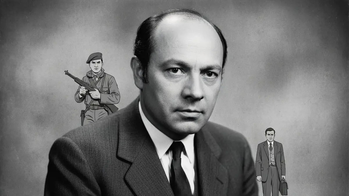 Jacques Rispal en gros plan avec un maquisard à gauche et un homme en costume à droite