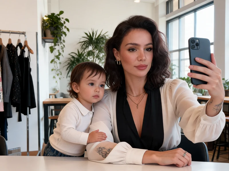 Jade Leboeuf se prend en selfie avec un enfant dans un espace lumineux