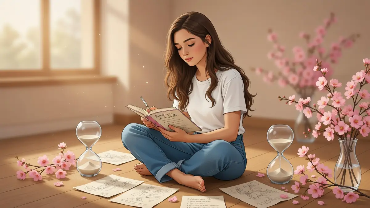 Une femme lit un livre entourée de sabliers papiers et fleurs de cerisier jamais 203