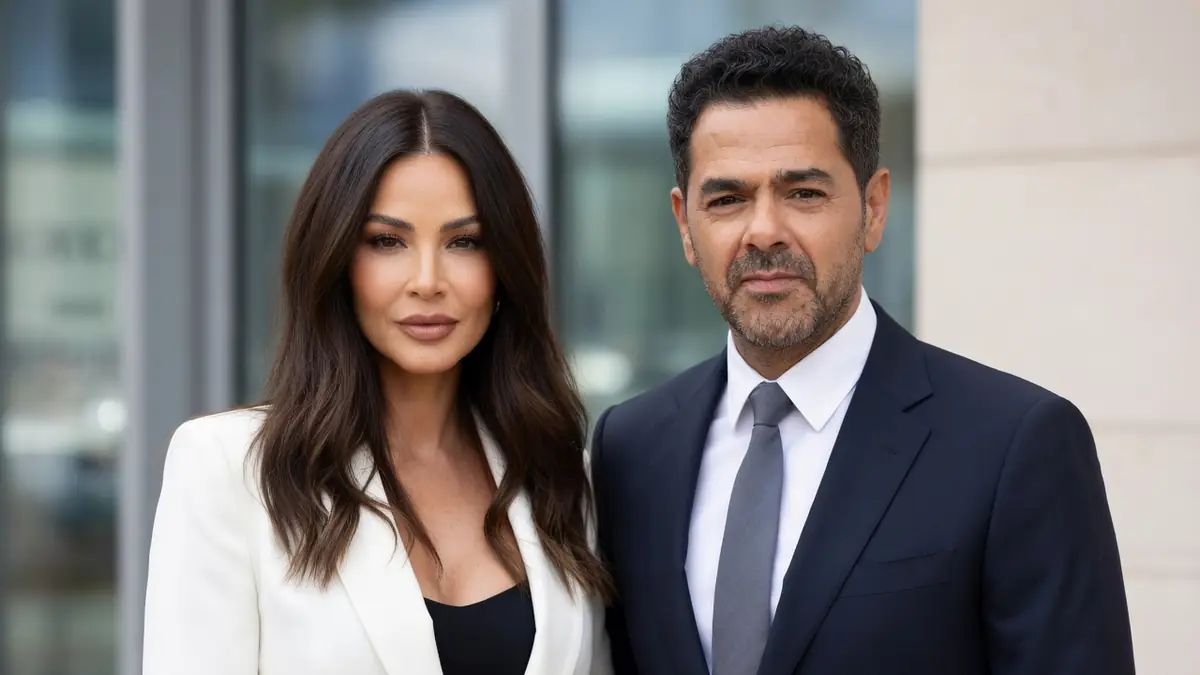 Jamel Debbouze Alix se tient aux côtés d'une femme en blazer blanc
