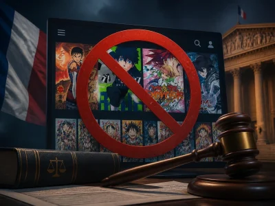 Illustration symbolisant les menaces judiciaires pesant sur le site Japscan avec un symbole d'interdiction et un marteau