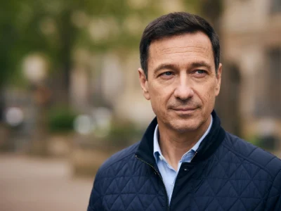 Jean-Marc Michelangeli en veste matelassée bleue sur fond extérieur flou.