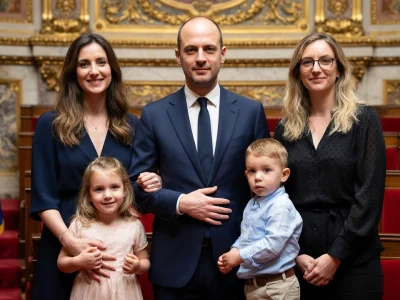 Jean-Noël Barrot est-il marié, une question illustrée ici par le ministre posant avec sa famille dans un hémicycle