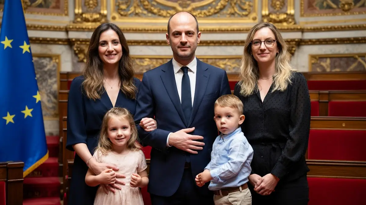 Jean-Noël Barrot est-il marié, une question illustrée ici par le ministre posant avec sa famille dans un hémicycle