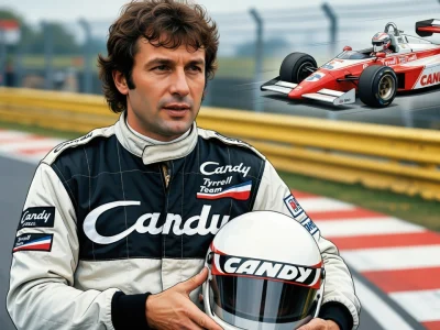 Jean-Pierre Jarier en combinaison tient son casque devant une monoplace sur circuit