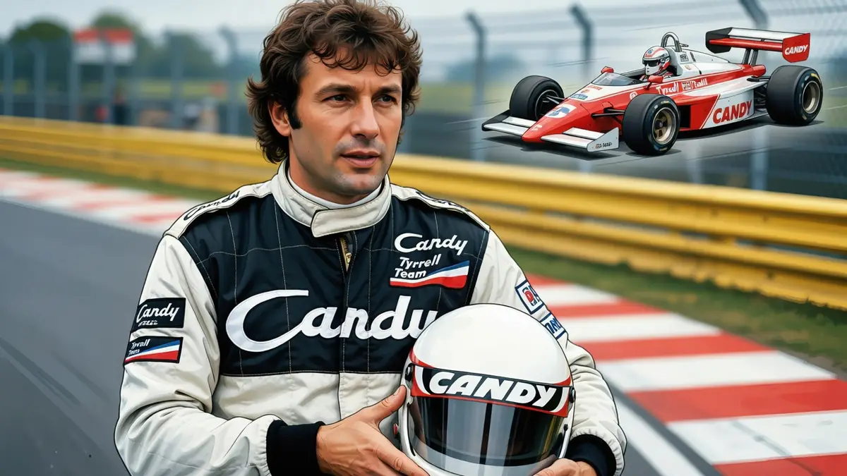 Jean-Pierre Jarier en combinaison tient son casque devant une monoplace sur circuit