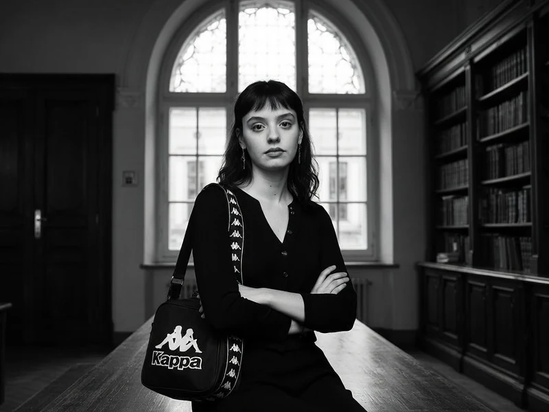 Portrait en noir et blanc de la créatrice Jeanne Astier posant devant une grande fenêtre dans une bibliothèque