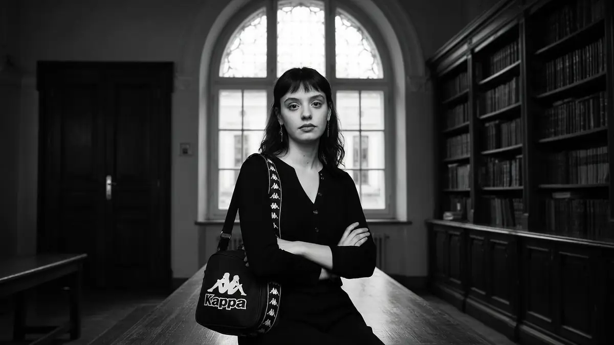 Portrait en noir et blanc de la créatrice Jeanne Astier posant devant une grande fenêtre dans une bibliothèque