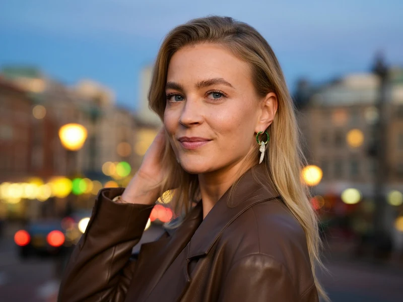 Jeanne Goursaud pose en veste marron dans une rue urbaine illuminée le soir.