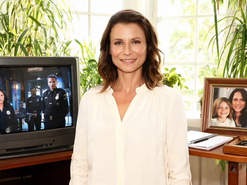 Jennifer Lauret se tient dans une pièce lumineuse entre une télévision et une photo de famille encadrée