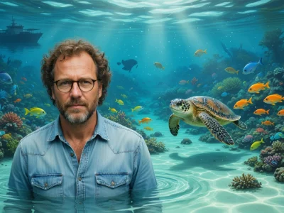 Jérôme Delafosse se tient dans les eaux turquoise entouré d'une tortue marine et de poissons colorés
