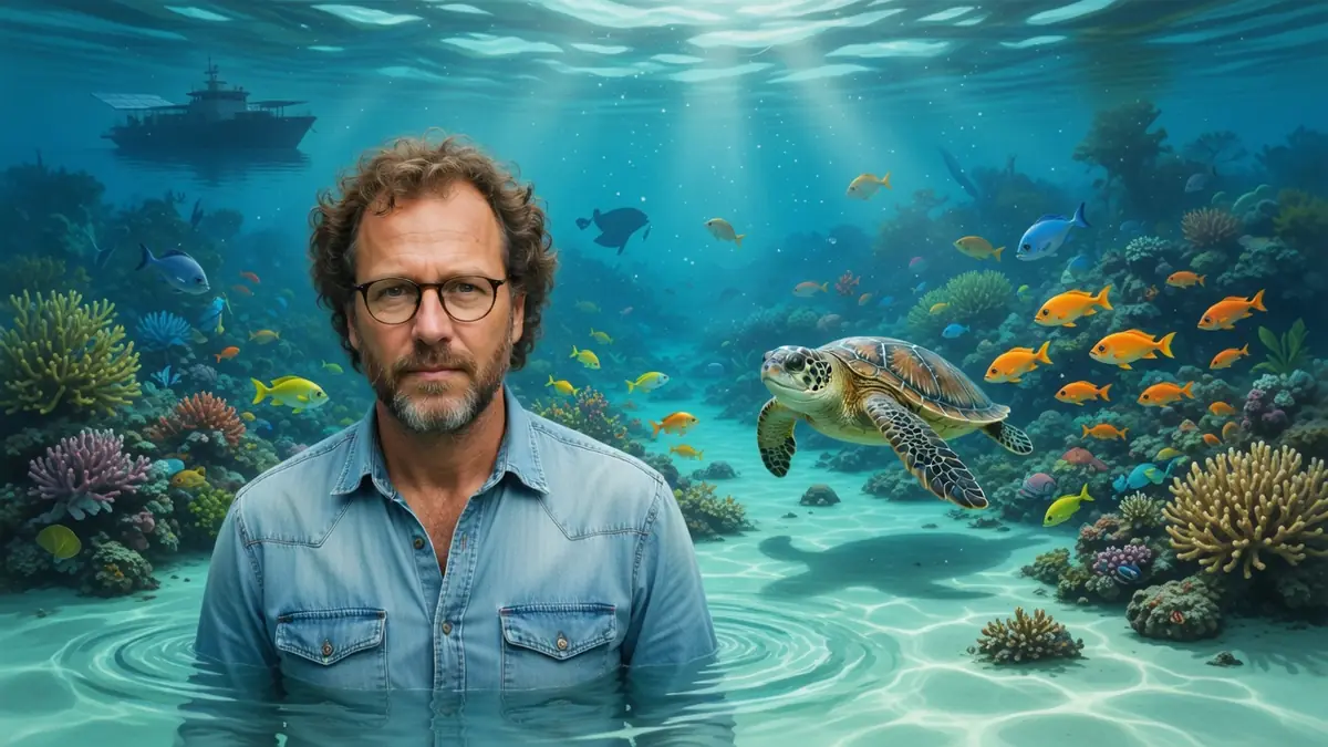 Jérôme Delafosse se tient dans les eaux turquoise entouré d'une tortue marine et de poissons colorés
