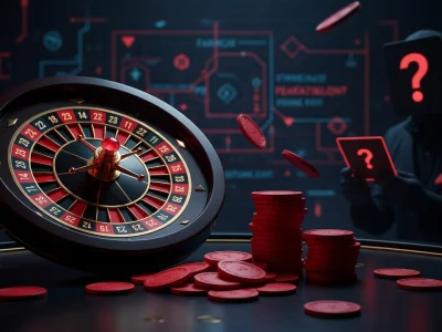 Une roulette de casino avec jeton rouge éparpillé sur la table devant une silhouette mystérieuse