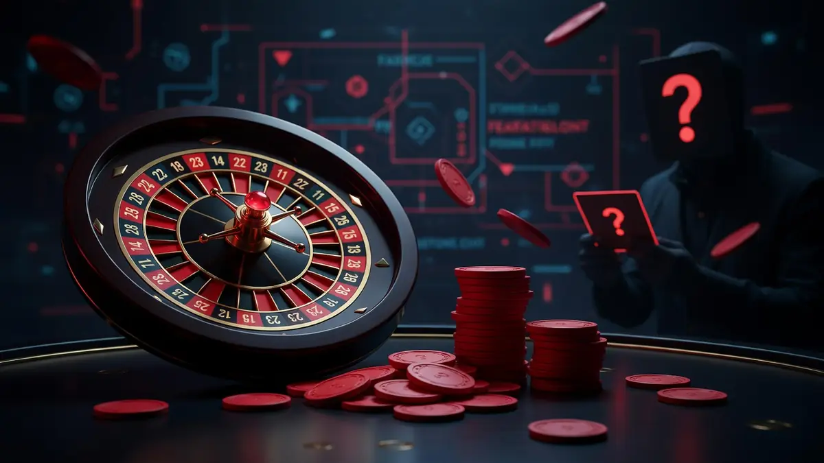 Une roulette de casino avec jeton rouge éparpillé sur la table devant une silhouette mystérieuse