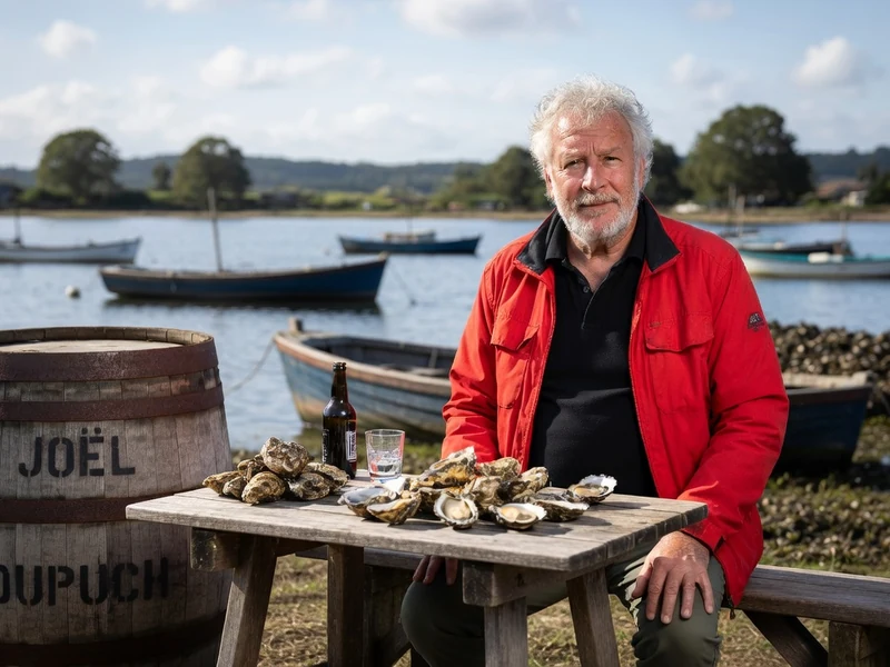Joël Dupuch est assis à une table d'huîtres au bord du bassin d'Arcachon