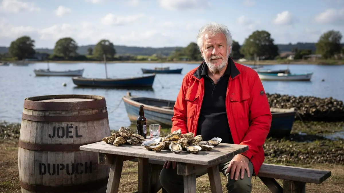 Joël Dupuch est assis à une table d'huîtres au bord du bassin d'Arcachon