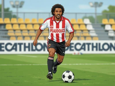 Joël Henry court avec un ballon de football sur un terrain verdoyant