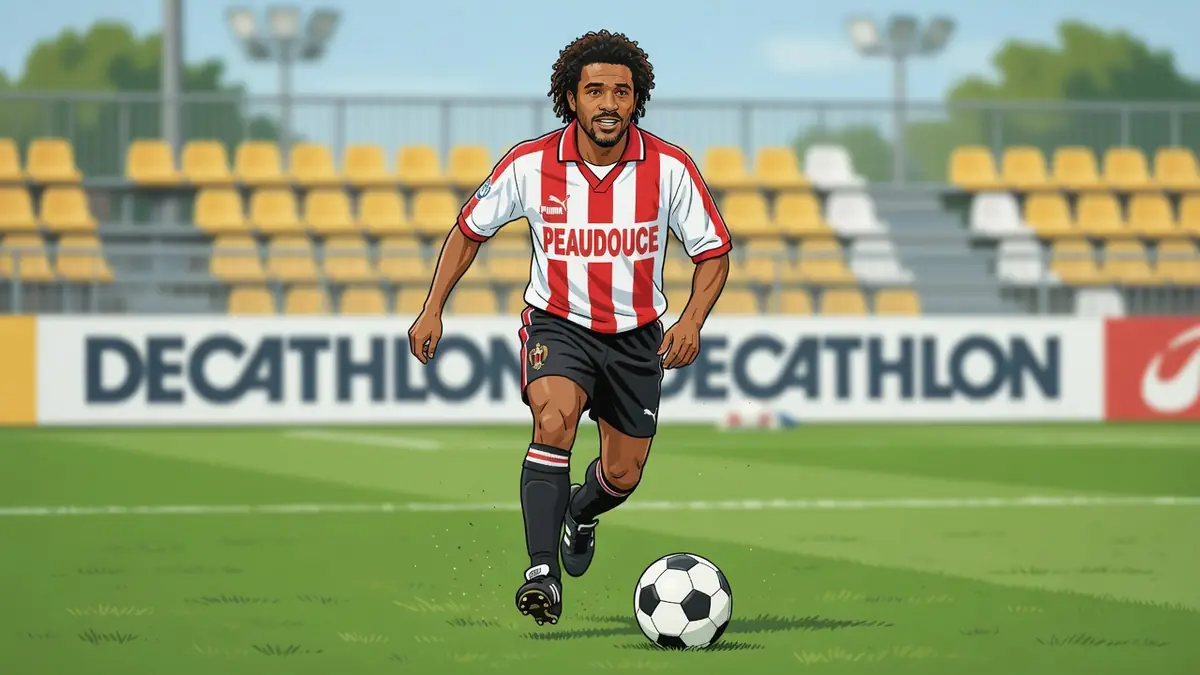 Joël Henry court avec un ballon de football sur un terrain verdoyant