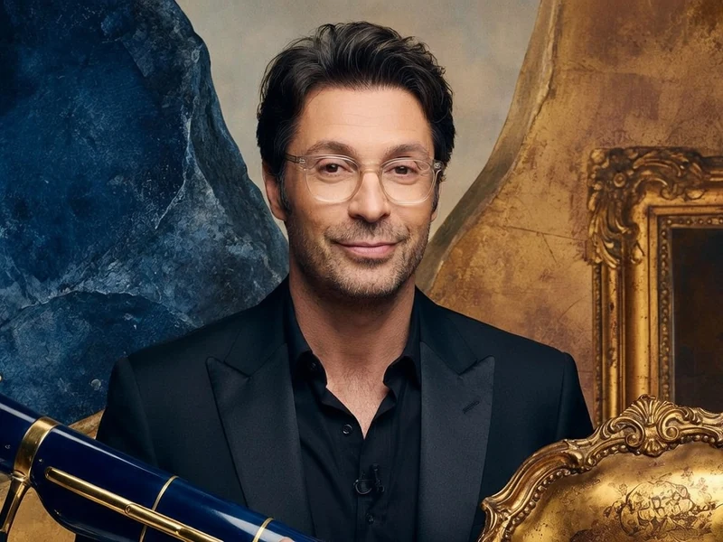 Johan Ledoux en costume noir sourit en tenant une guitare électrique bleue devant un décor baroque doré