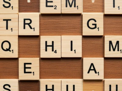 Des lettres en bois posées sur un plateau illustrent une partie de hi Scrabble